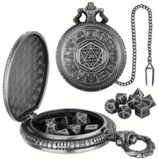 retro dice pocket watch case with chain & 7 mini dice for tabletop rpg