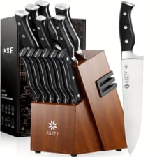 asety knife set, 15 pcs kitchen knife set with built-in knife sharpener block, german stainless steel knife block set, full tang chef knife set, nsf food safe, gift for men i women