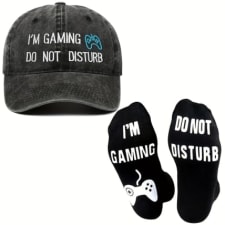 gaming gift set - pack of 2 cotton blend 'do not disturb i'm gaming' socks with matching baseball cap, hand wash only woven funny novelty socks for game enthusiasts, ideal graduation or christmas gift for men, dad, husband