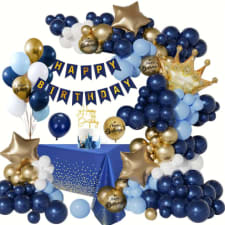 blue & golden balloon garland arch kit with happy birthday banner - star-themed party decorations for men, no power needed, perfect for indoor/outdoor celebrations