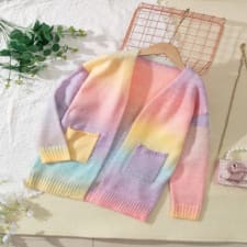 girl's gradient colorful cardigan with pockets, long sleeve open front knit sweater, soft cozy outwear for daily wear
