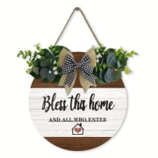 1pc bless this home wooden door sign hanging, welcome porch wall sign with bow knot wreath, bless this home and who enter sign housewarming gift for kitchen