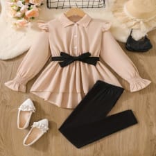 2pcs elegant apricot long-sleeve peplum blouse top + comfy solid pants girl's outdoor clothing set, casual outings gift spring & fall clothes