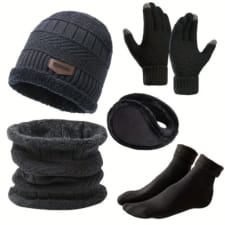 winter outdoor hat set for men, includes fleece-lined beanie, gloves, earflap, and anti-slip socks for extreme cold weather protection