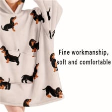 contemporary wearable dachshund dog hooded blanket with large pocket, reversible polyester, machine washable, cozy adult wearable blanket for warmth and comfort, ideal gift for women