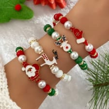 christmas charm bracelets set of 4 - cute festive santa, reindeer, glove pendants with imitation pearls - no-metal-plating fashion jewelry for daily wear - holiday gift unisex hand chains for all seasons