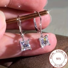 925 sterling silver hypoallergenic hoop earrings with square zirconia pendant simple elegant style suitable for women wedding