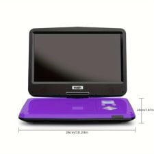 12.5-inch portable dvd player with 10.5-inch hd swivel screen, car headrest mount, dual headphone jacks, 5-hour rechargeable battery, usb/sd card/sync tv/multiple disc formats supported, purple