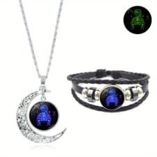 1pc, luminous twelve zodiac necklace set, hollow moon pendant, leather bracelet accessory set