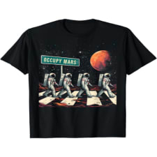 unique space exploration graphic t-shirt: astronauts walking in space occupy mars design