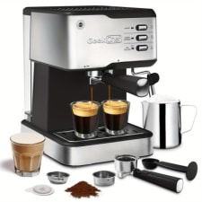 stainless steel espresso machine with built-in milk frother and 20 bar pump pressure, great for barista-style coffee, suitable for home kitchen, office