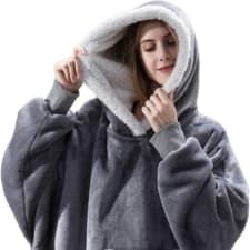 1pc adult hooded blanket, flannel oversized warm cozy robe with sleeves and pocket, 400-450g square, grey, machine washable, contemporary style, perfect for christmas, halloween, thanksgiving gift