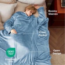 bedsure cozy fleece wearable blanket with sleeves & pockets - soft, machine-washable tv throw robe for men & women, perfect gift for mom