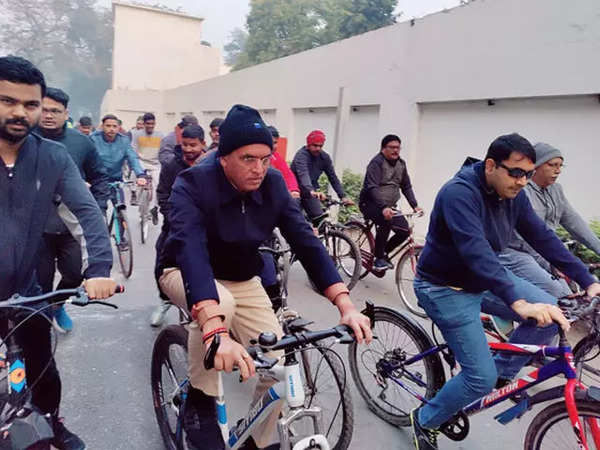 Mandaviya on Sunday morning took a bicycle ride in Uttar Pradesh's Varanasi