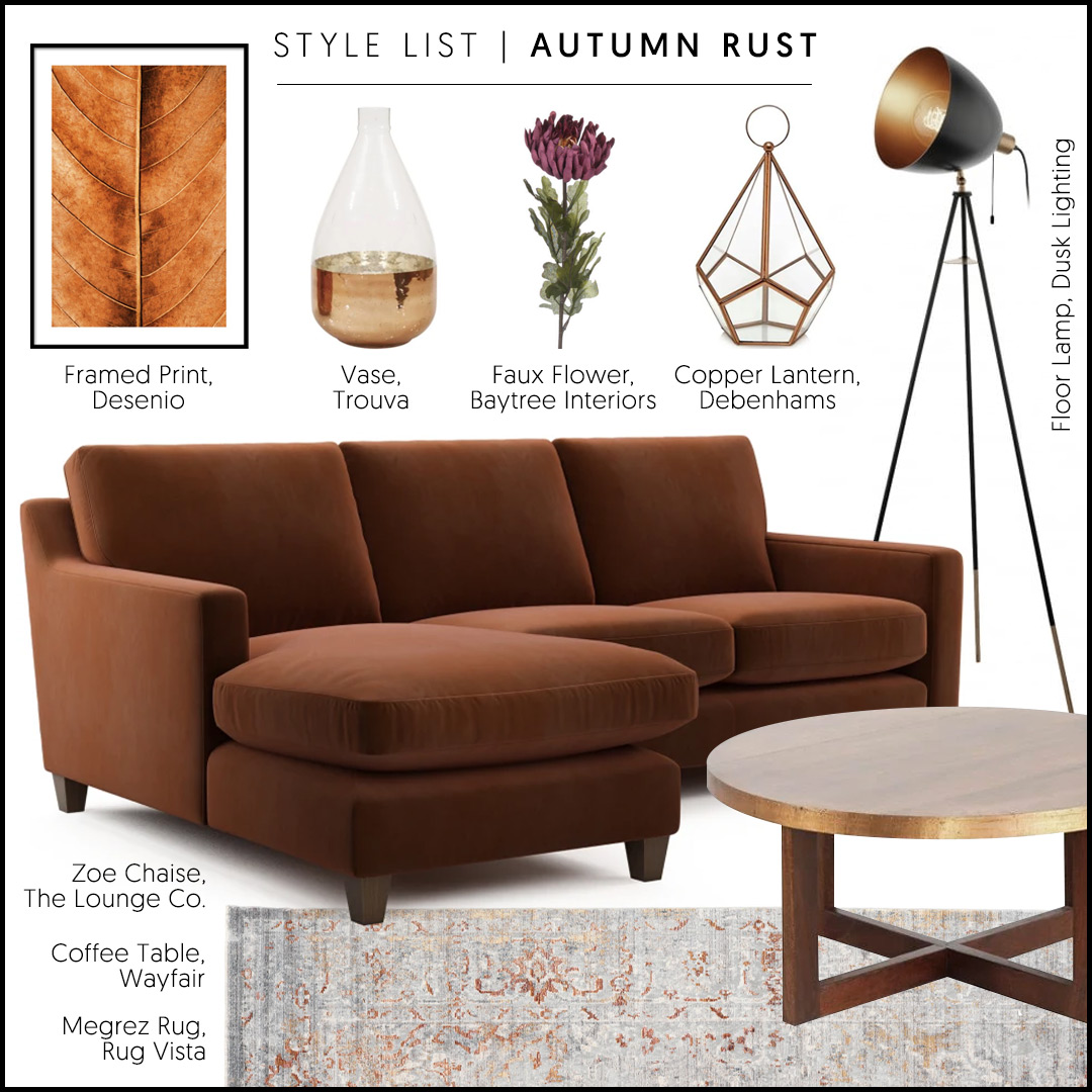 Zoe Sofa in rust velvet