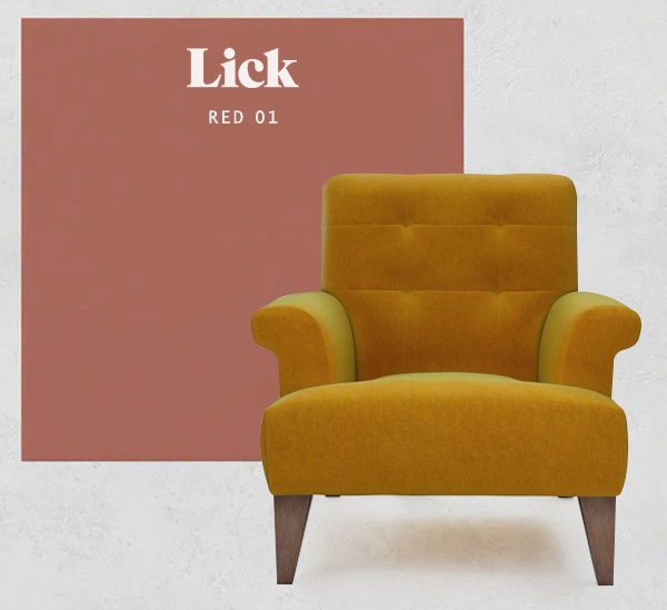 Joseph Chair in Mustard Velvet against a terracotta wall