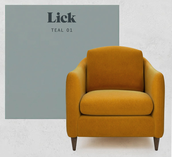 George Chair in Mustard Velvet against a teal wall