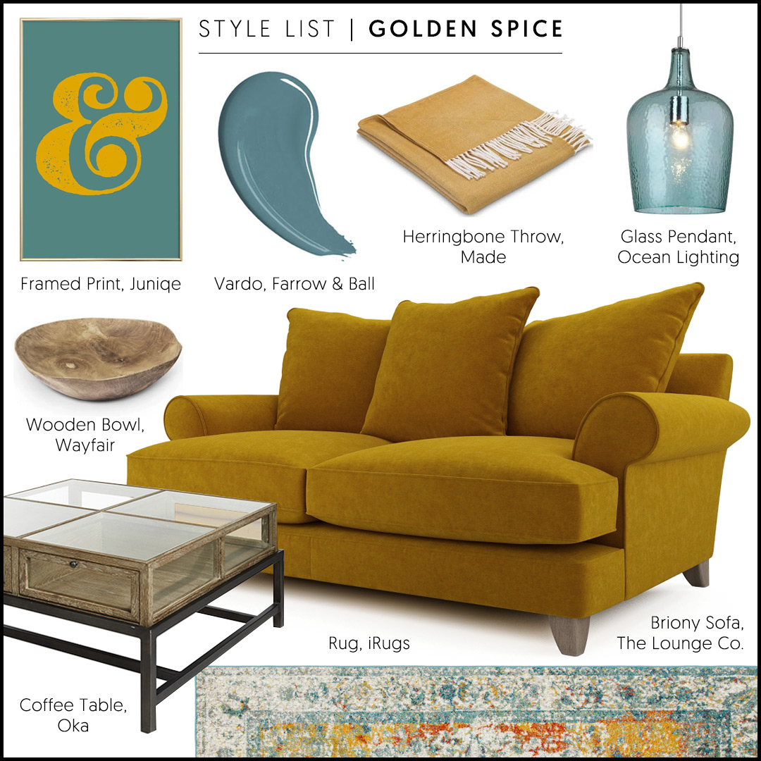 How to style a mustard yellow velvet sofa