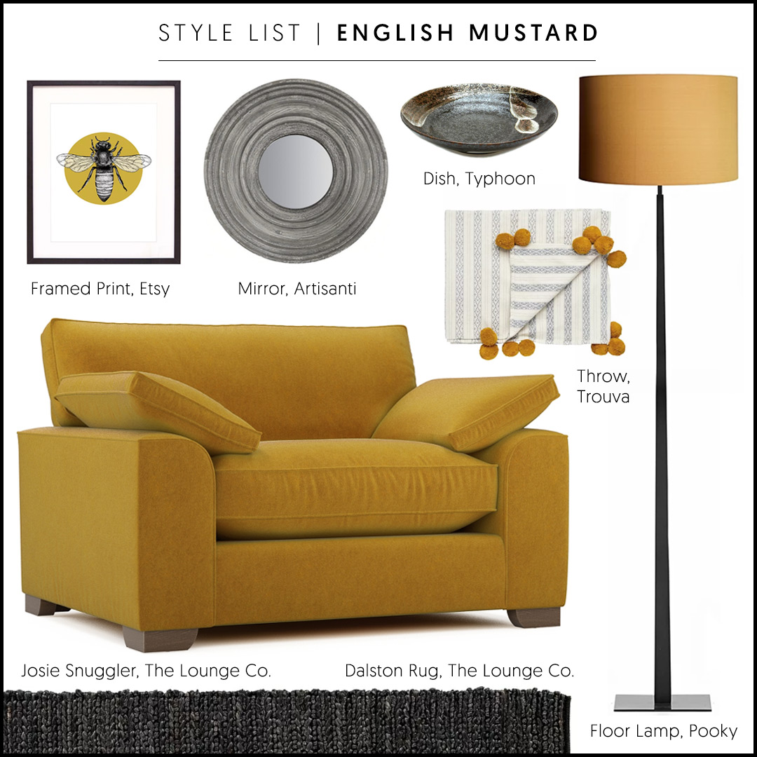 How to style a mustard yellow velvet sofa