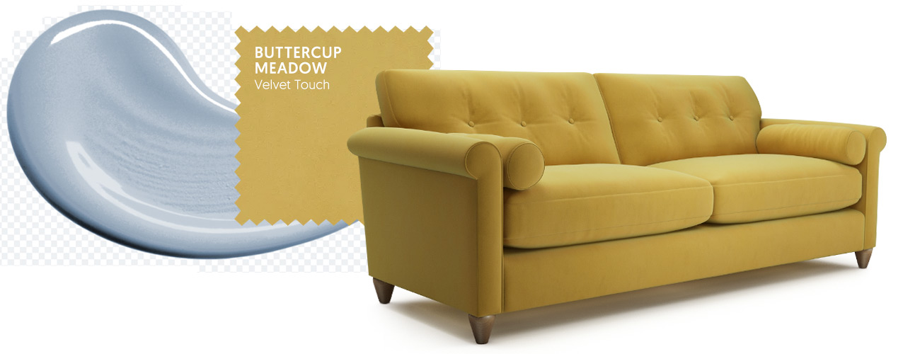 How to accessorise blue walls with a yellow velvet sofa