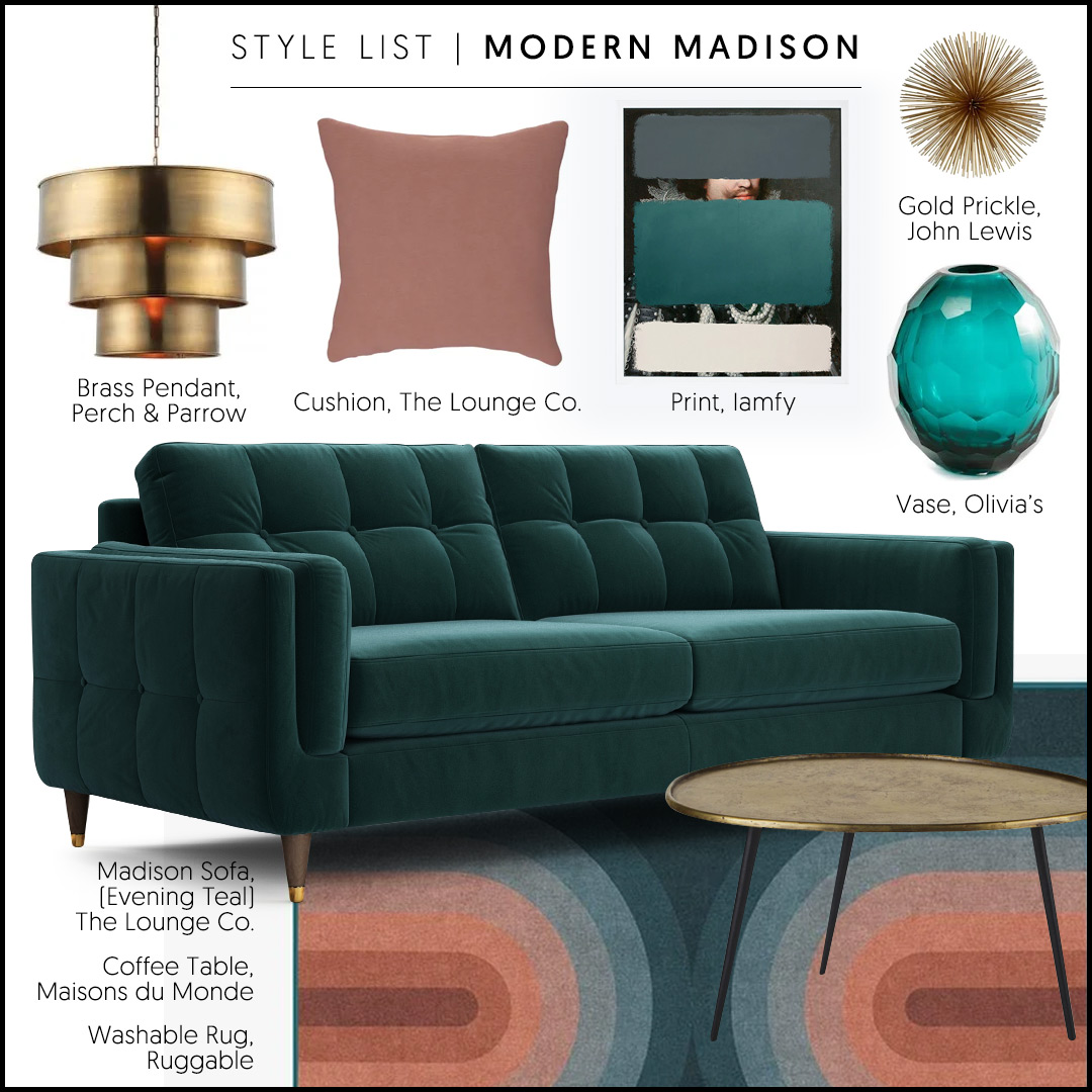 The Lounge Co. Madison sofa styled in modern teal velvet