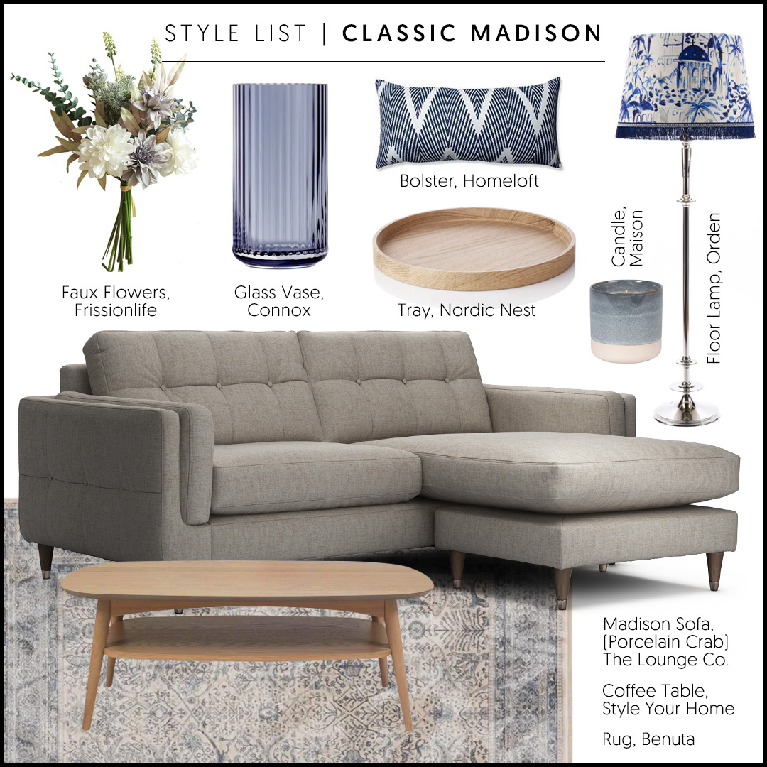 The Lounge Co. Madison sofa styled in classic neutral fabric