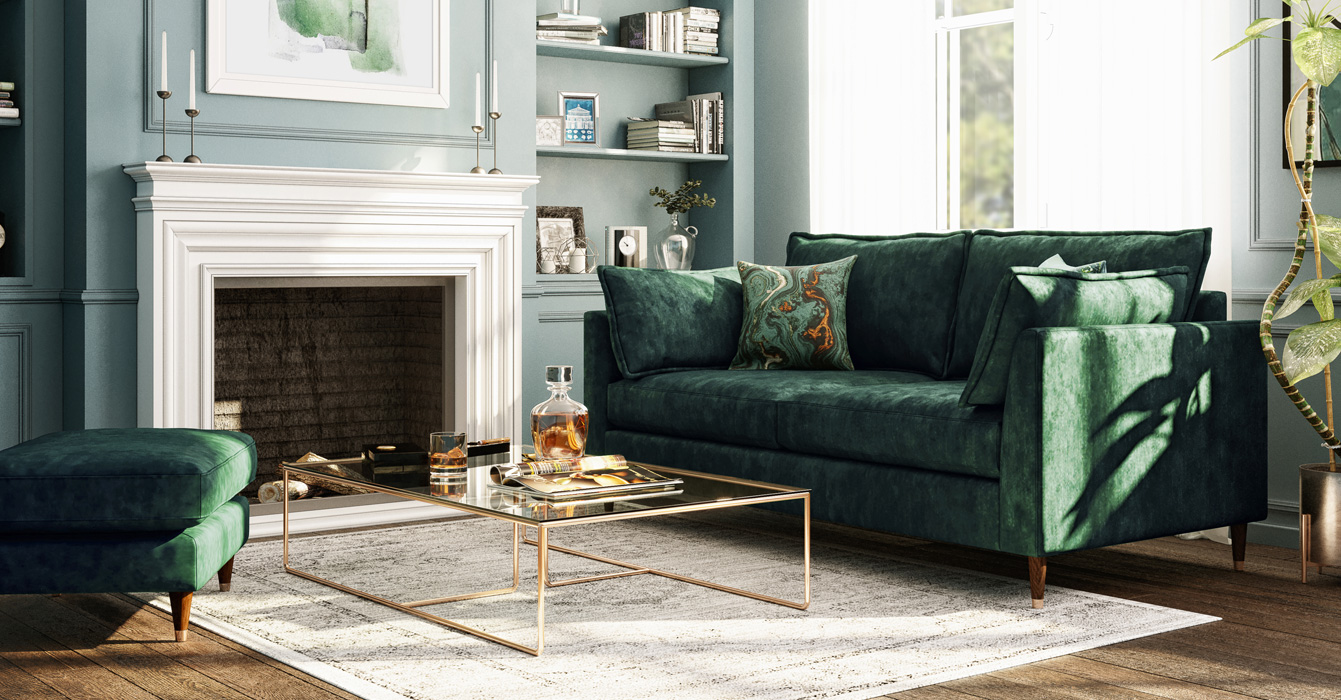 Family Friendly Premium Velvet - Colette Sofa in Deep Bottle Green Kitchen Garden Fabric