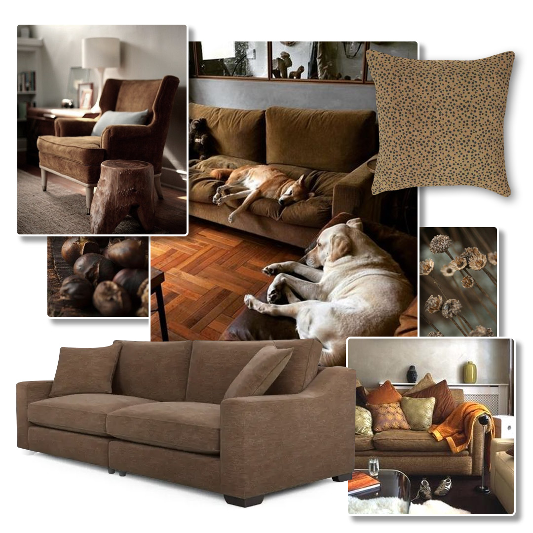 Find inspiration on how to style your rustic living room and brown sofa