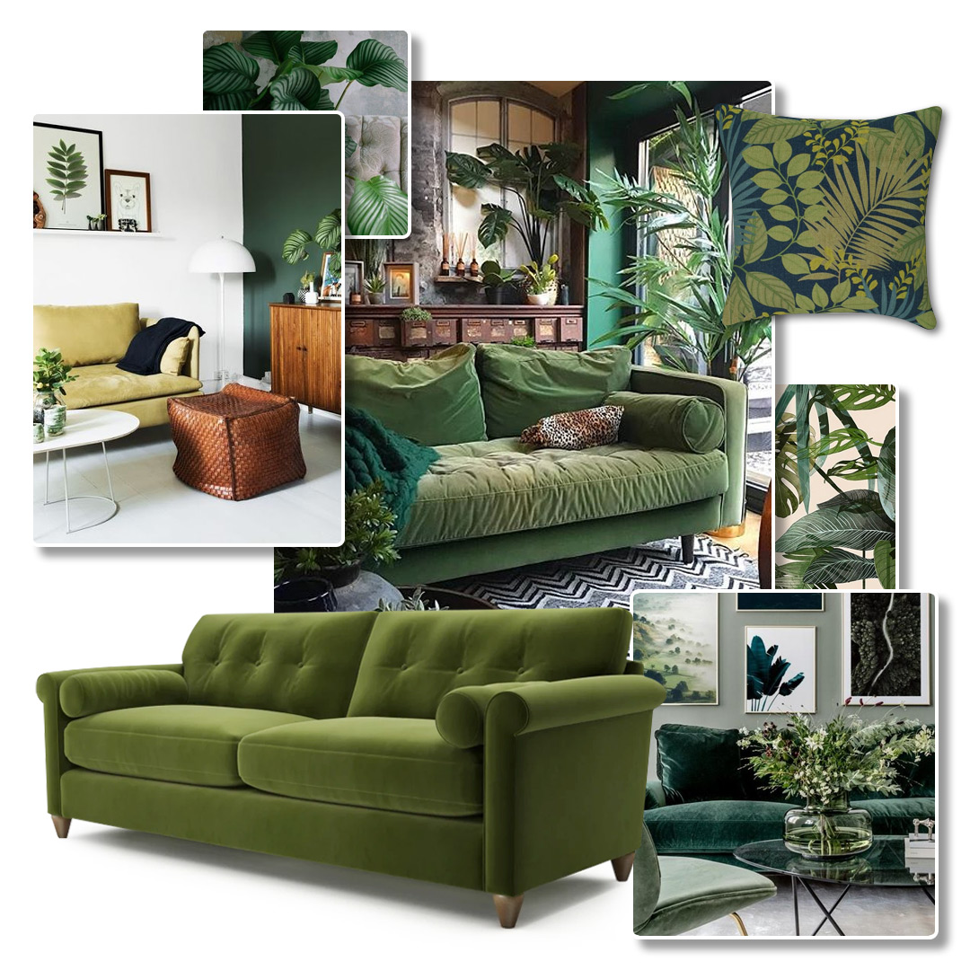 Botanical trend lounge inspiration with green velvet sofa