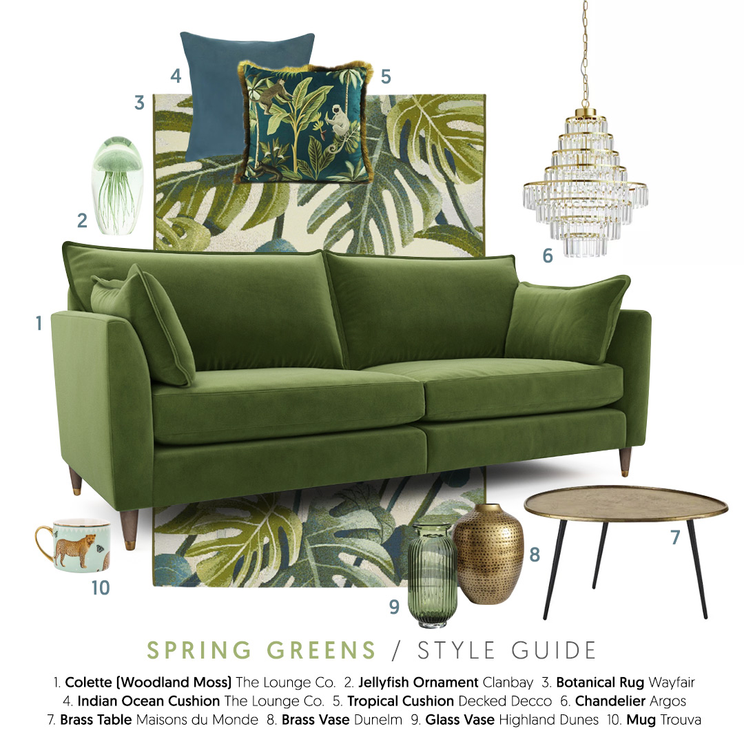 Botanical trend lounge inspiration with green velvet sofa