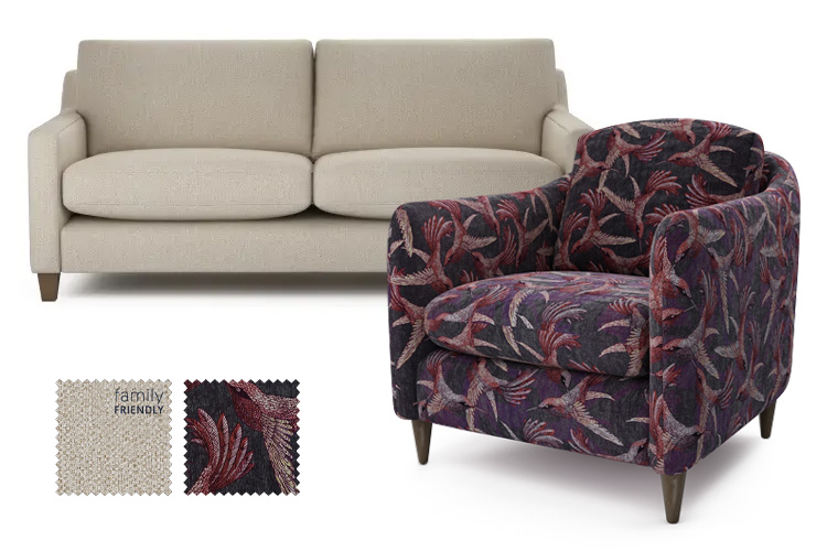 Modern Purple Bird Print Velvet Chair with Neutral Sofa