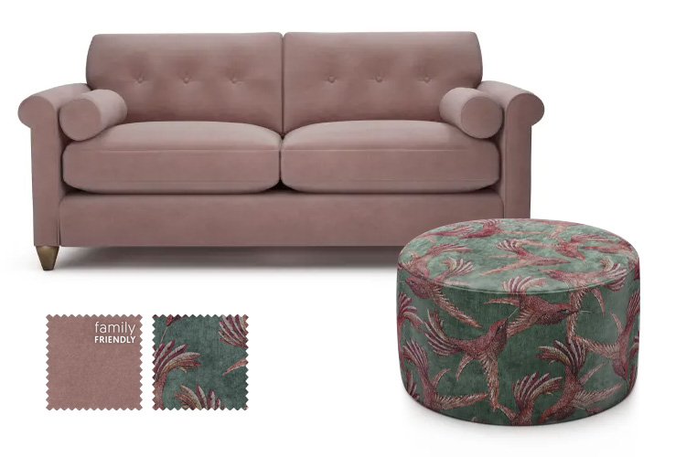 Modern Sage Green and Blush Pink Bird Print Velvet Footstool with Blush Pink Velvet Sofa