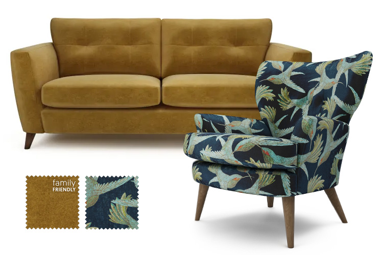 Modern Navy Blue Bird Print Velvet Chair with Mustard Velvet Sofa