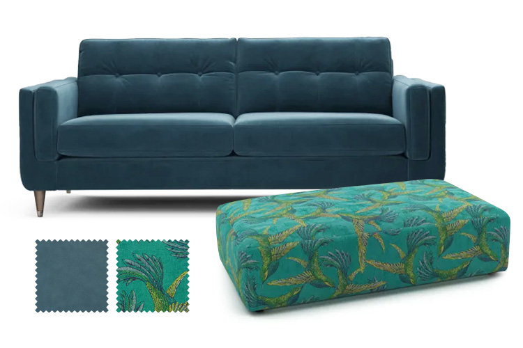 Modern Green Bird Print Velvet Footstool with Teal Velvet Sofa