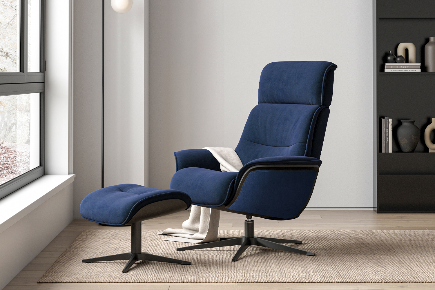 Contemporary Navy Blue Velvet Recliner Chair and Footstool