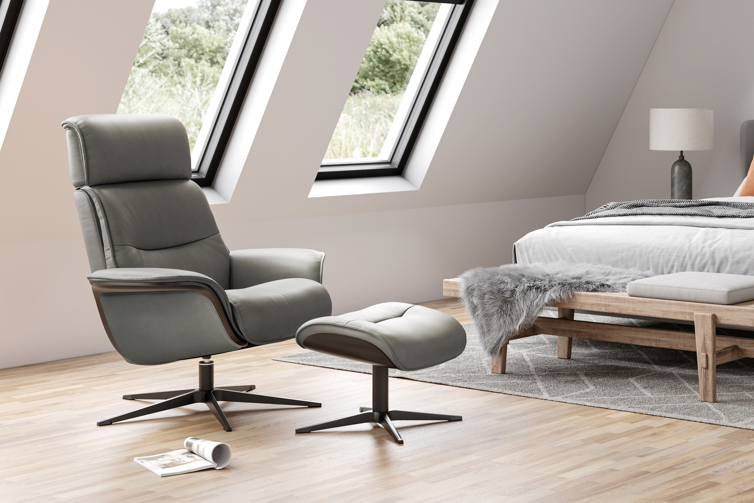 Scandi designed Lagom Recliner Chair and Footstool in Grey Leather