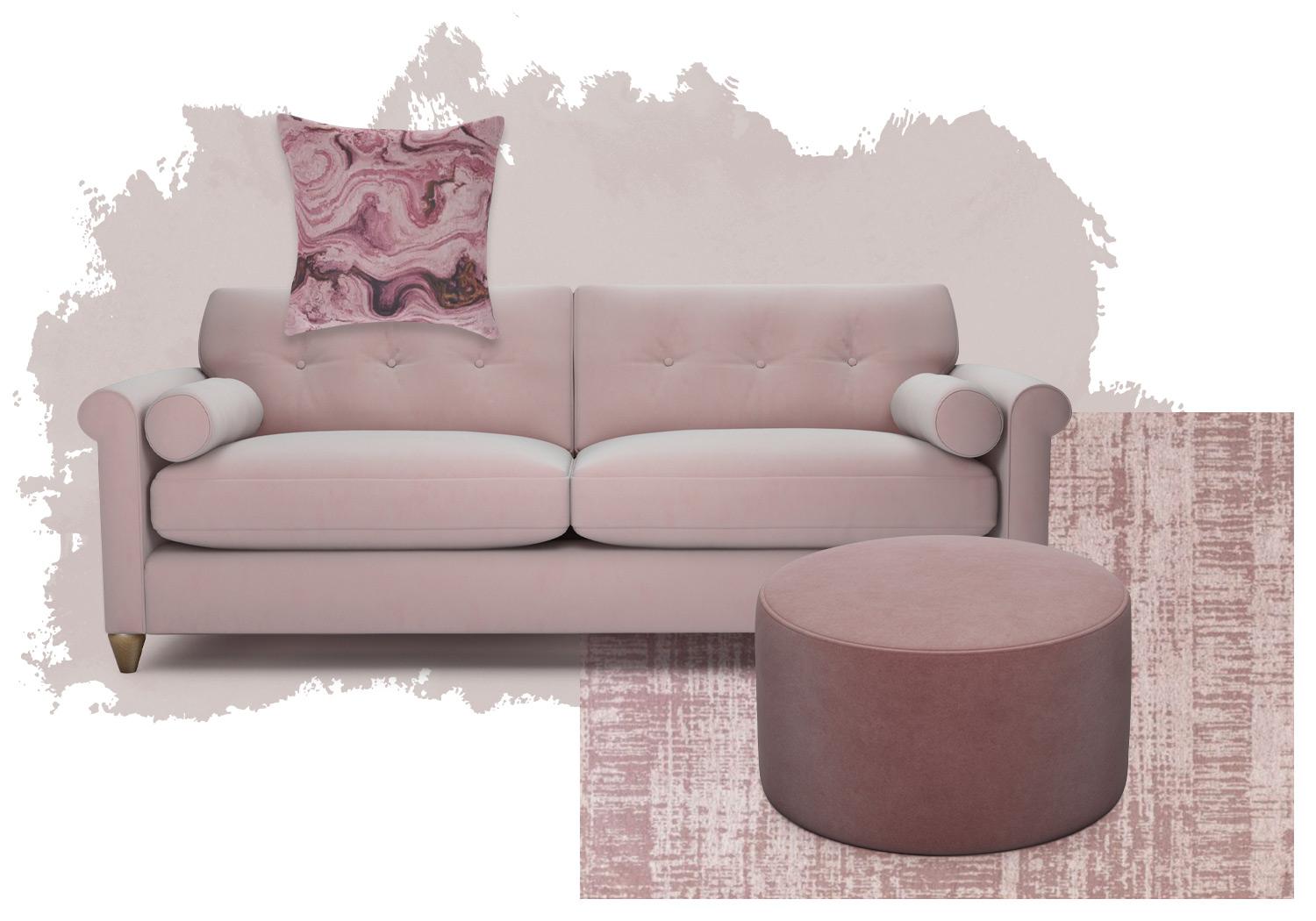 Pink velvet sofa in pink interior