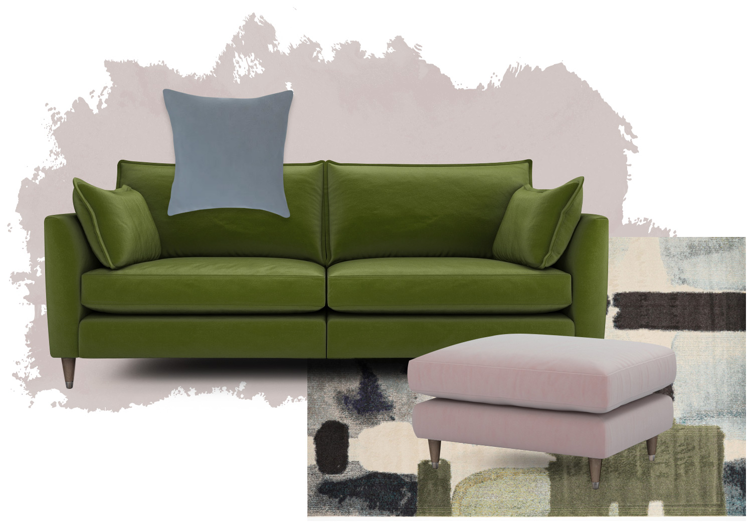 Moss green velvet sofa in a dusky pink interior