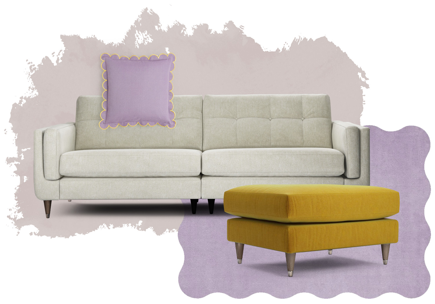 Cream sofa in a dusky pink interior with purple and yellow accessories