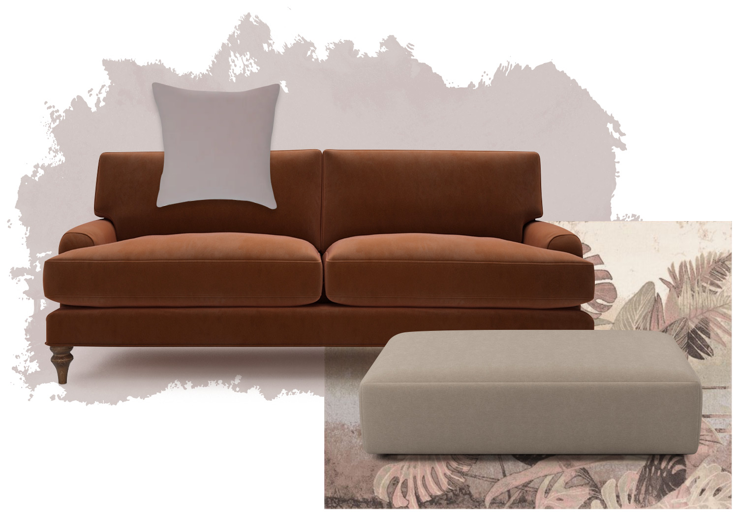 Rust orange velvet sofa in a dusky pink interior