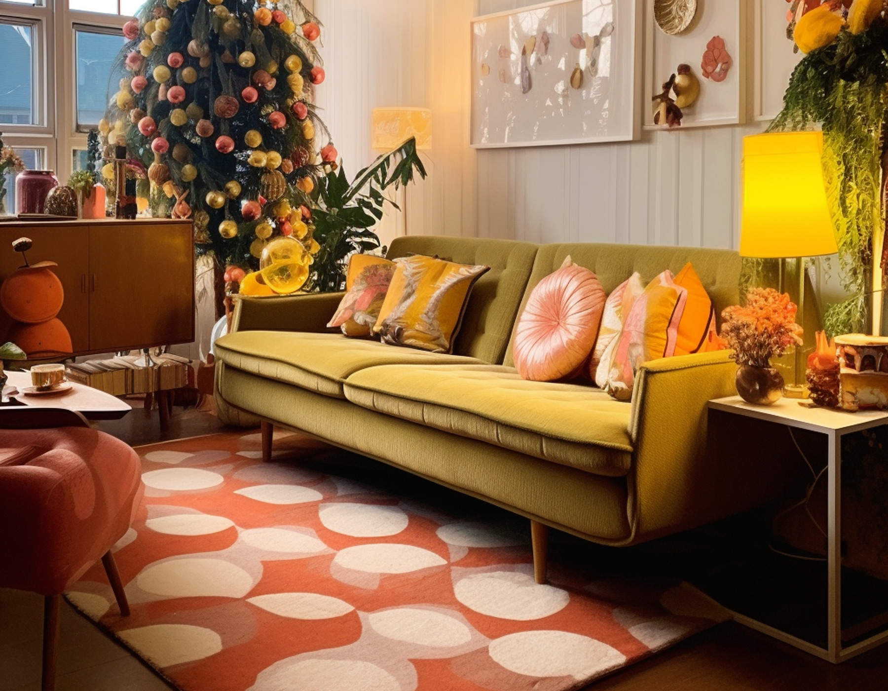 A typical living room at Christmas from the 1970s