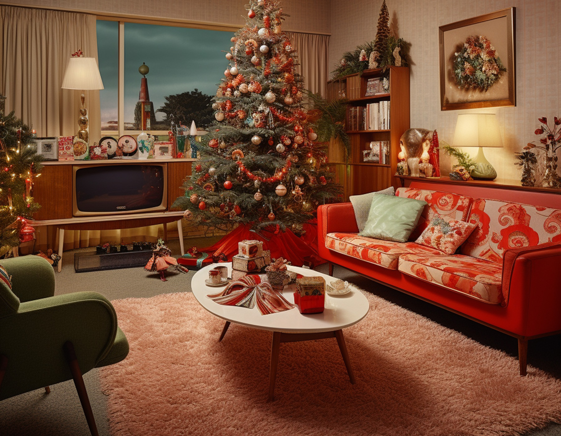 A typical living room at Christmas from the 1960s