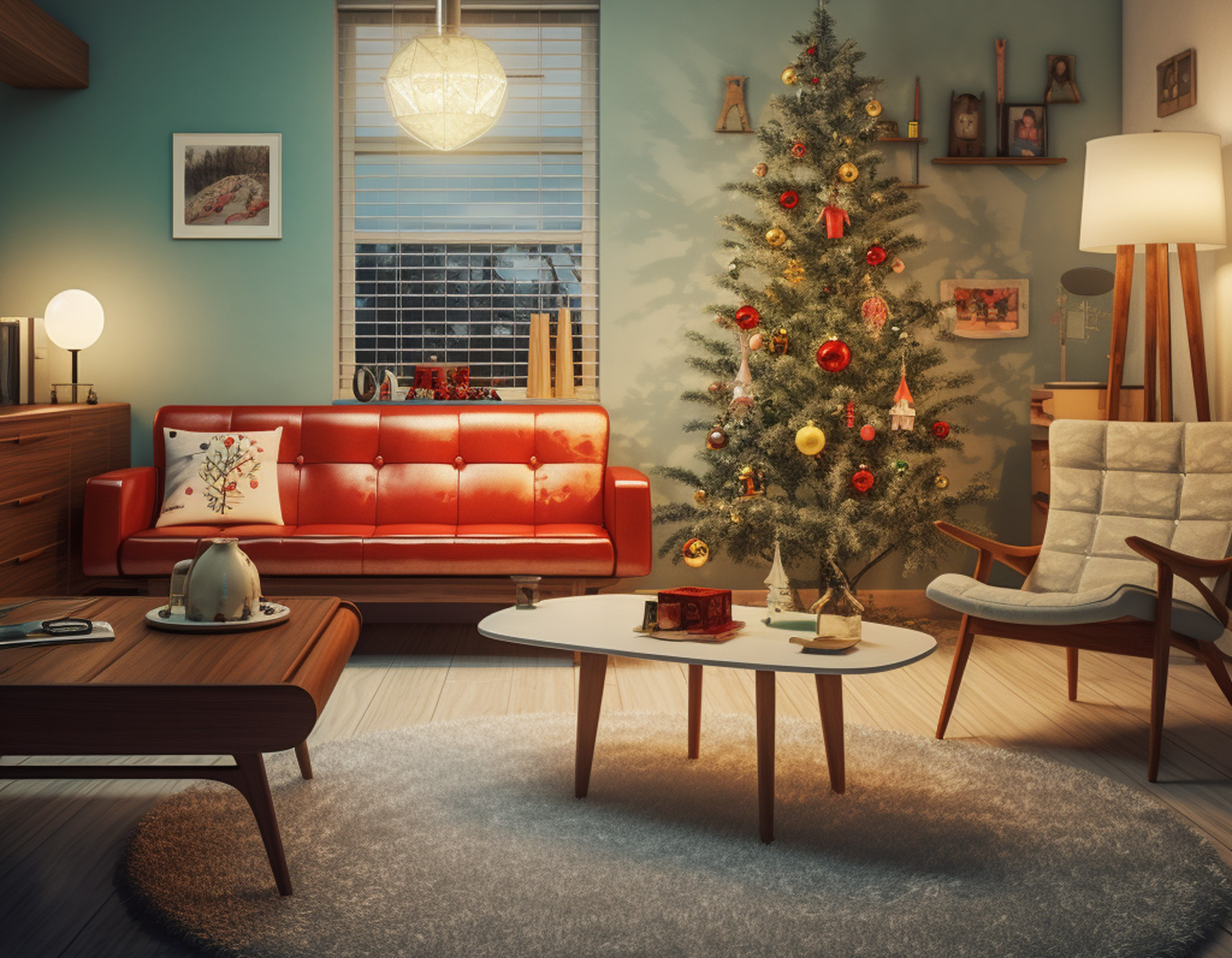 A typical living room at Christmas from the 1950s