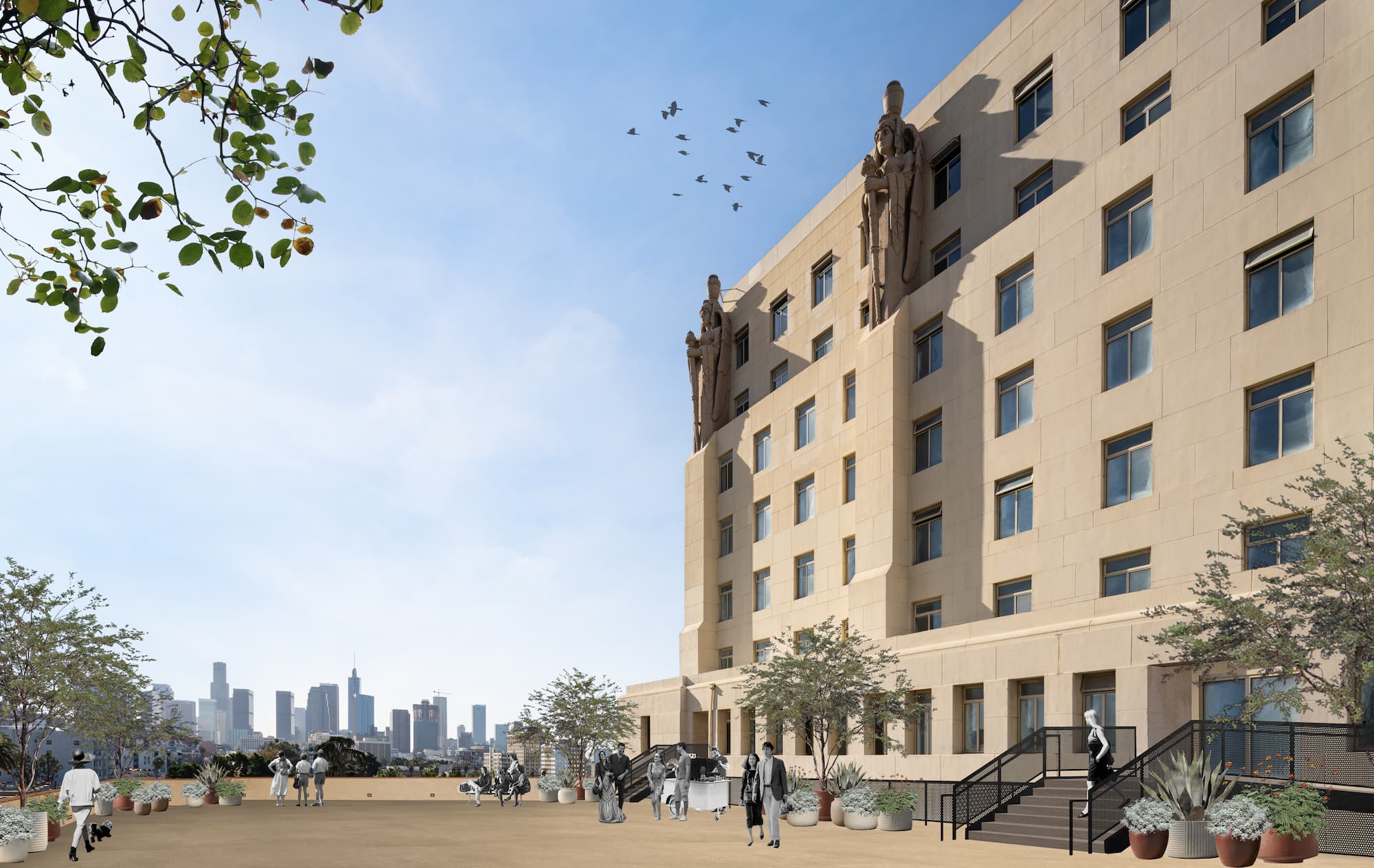 Rendering of building terrasse overlooking the skyscrapers of Los Angeles