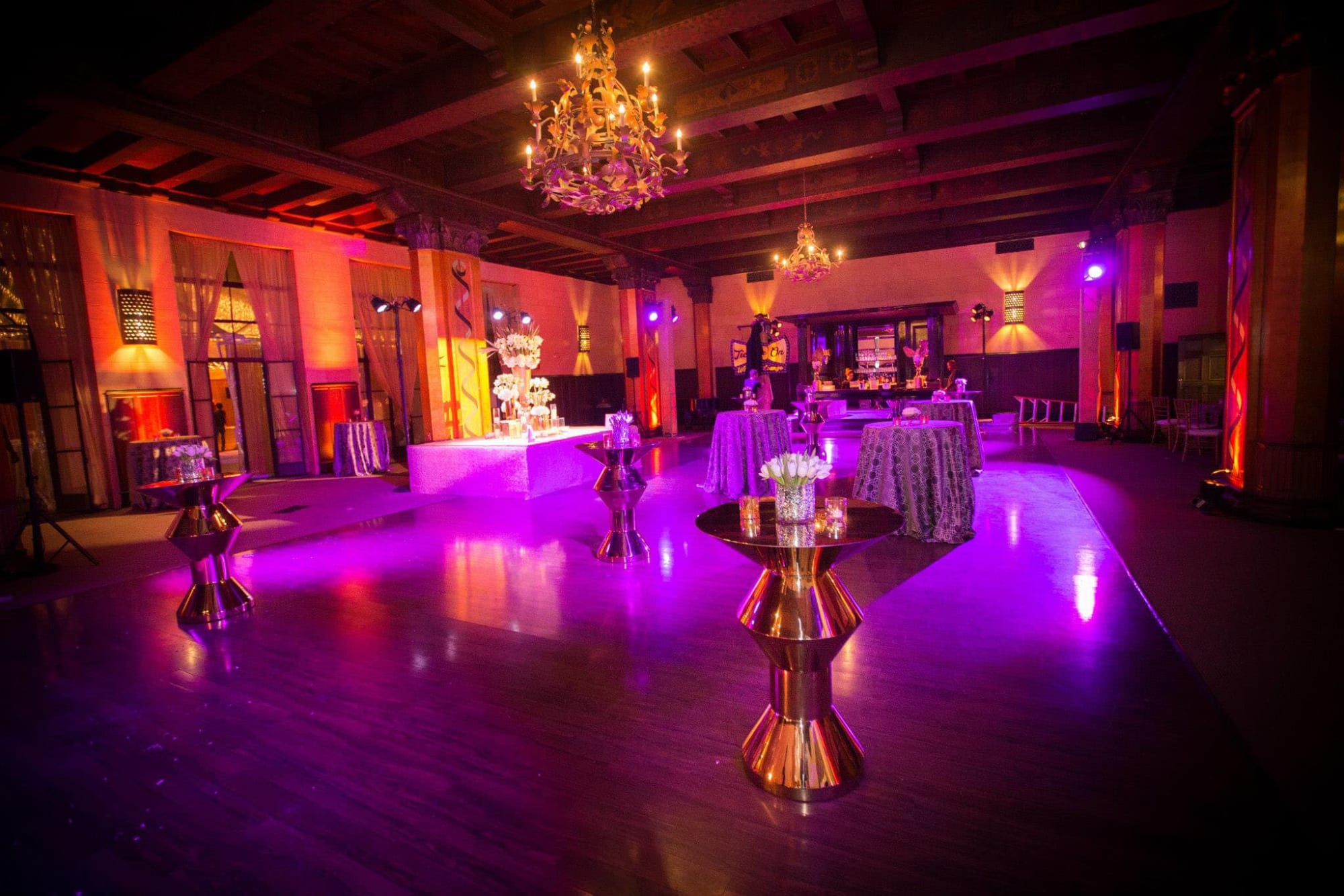 Colorfully lit setting inside for an event