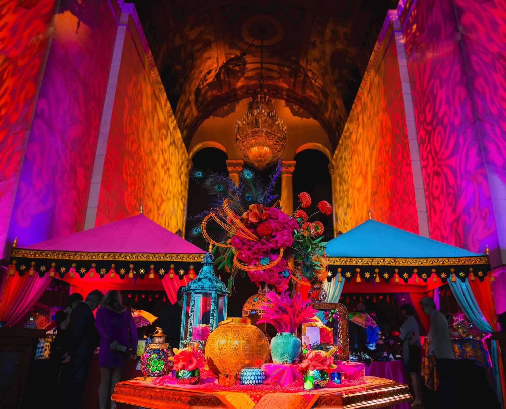 Colorfully lit setting inside for an event