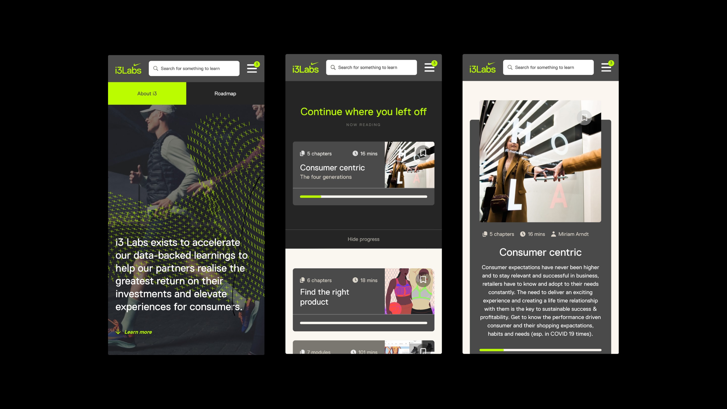 Screens of a mobile app for Nike's internal i3 labs online training plaform