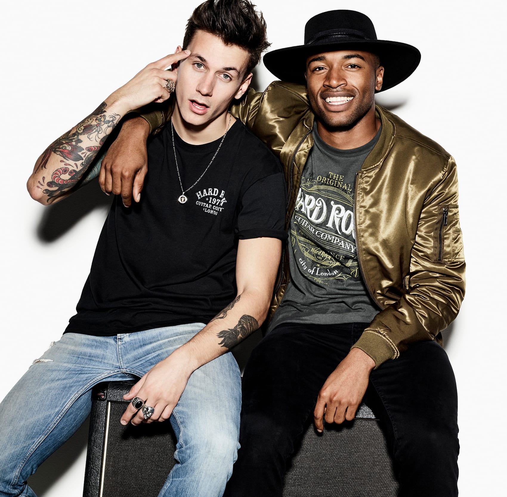 Two male models sat on Amplifier in Hard rock merchandise