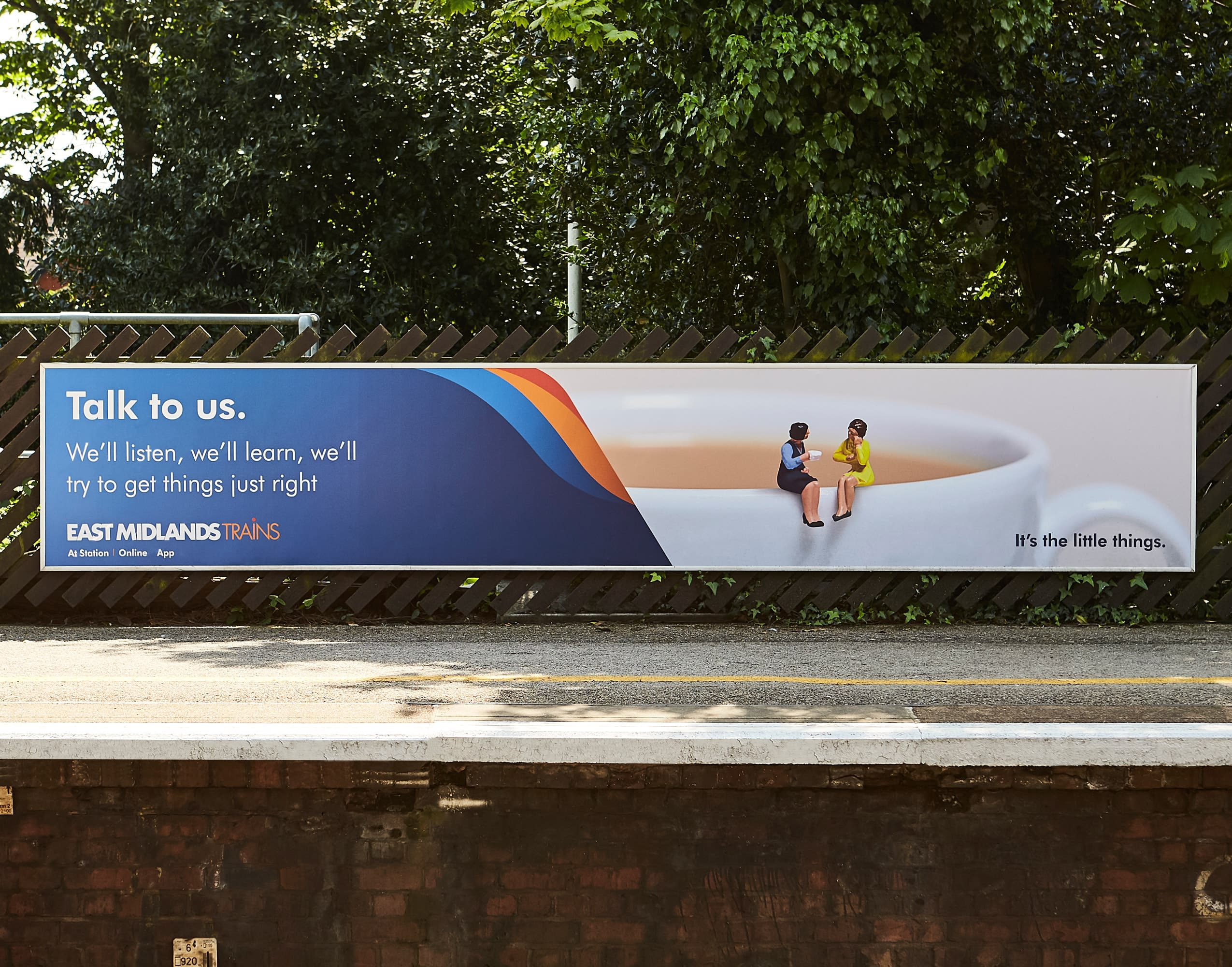 East Midlands Train 'Talk to us' train platform advert