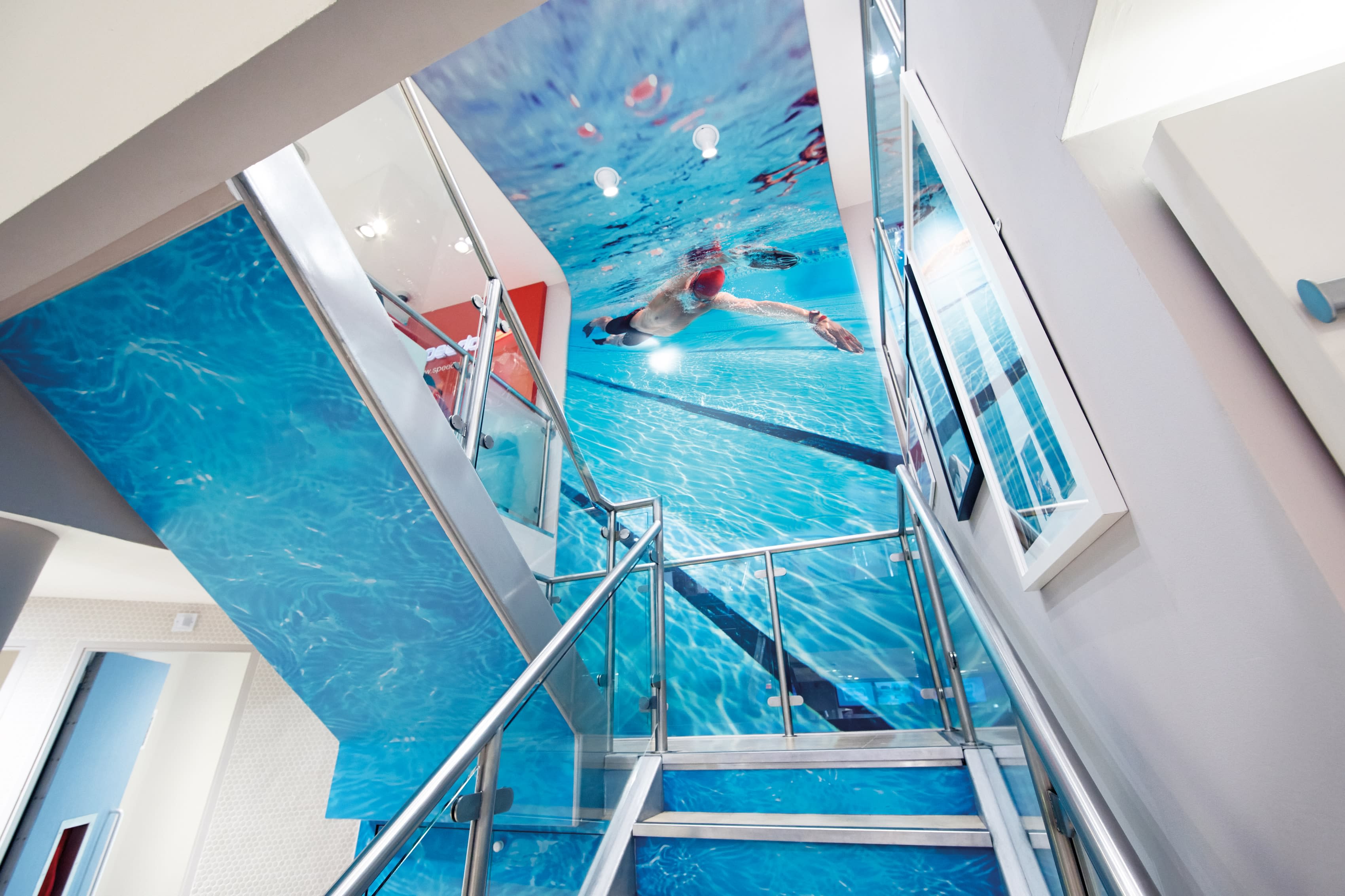 Staircase with underwater wallpaper